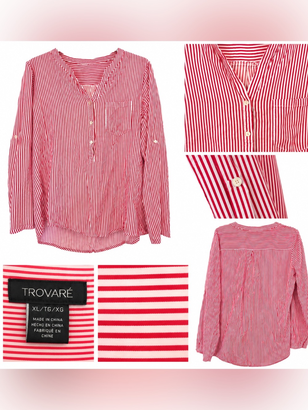 🎬 Trovaré Red White Striped Blouse XL Roll Tab Sleeve Hi Low Tunic Top